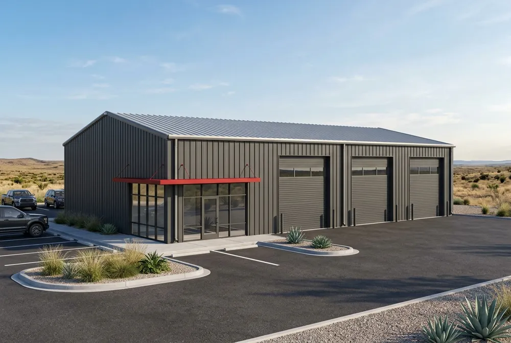 40x75 commercial metal shop building design with three bays and glass office storefront