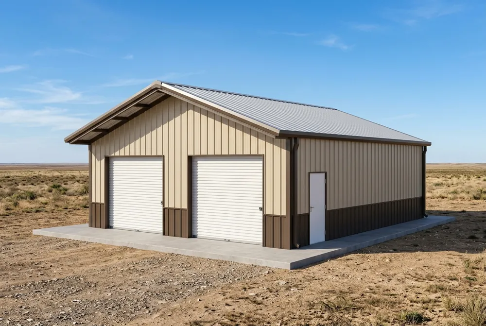 30x40 metal workshop building design with tan walls, galvalume roof and two roll-up doors
